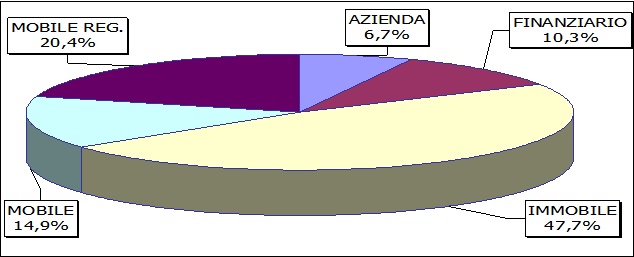 La figura 5 rappresenta un grafico a torta con l'indicazione della suddivisone dei beni in banca dati suddvisi tra: Azienda, finanziario, immobile, mobile e mobile registrato