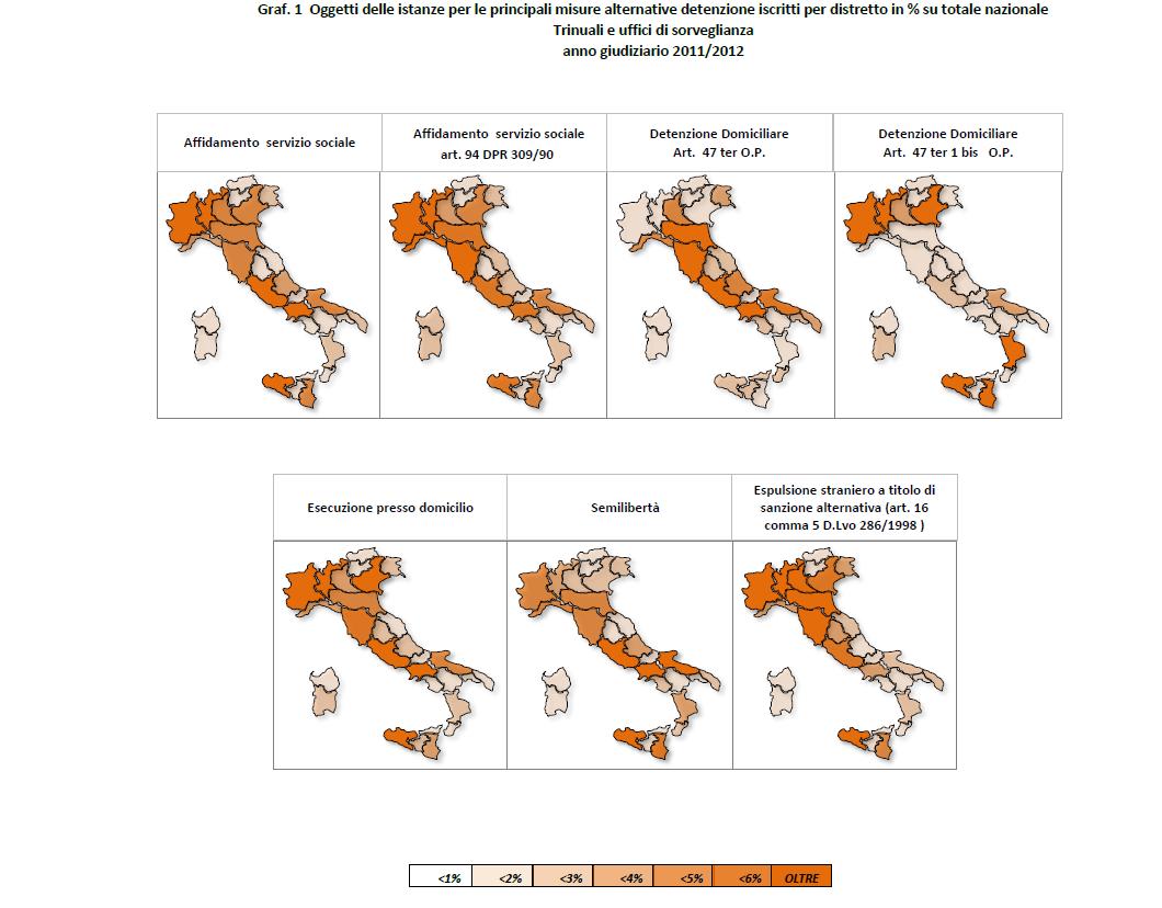 Il grafico 1 illustra gli oggetti delle istanze per le principali misure alternative detenzione iscritti per distretto in percentuale su totale nazionale.
Tribunali e uffici di sorveglianza - anno giudiziario 2011/2012.
Gli argomenti sono:
Affidamento servizio sociale.
Affidamento servizio sociale - art. 94 DPR 309/90
Detenzione domiciliare - art 47 ter O.P.
Detenzione domiciliare - art 47 ter 1 bis O.P.
Esecuzione presso domicilio.
Semilibert&agrave;
Espulsione straniero a titolo di sanzione alternativa (art 16 comma 5 D.Lvo 286/1998)